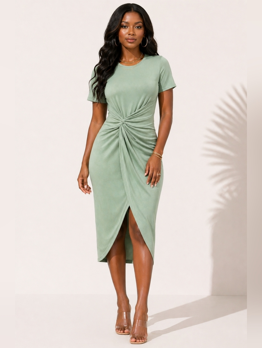 Sage Twist Front Midi Dress Ruched Slit Bodycon Chic M-XL